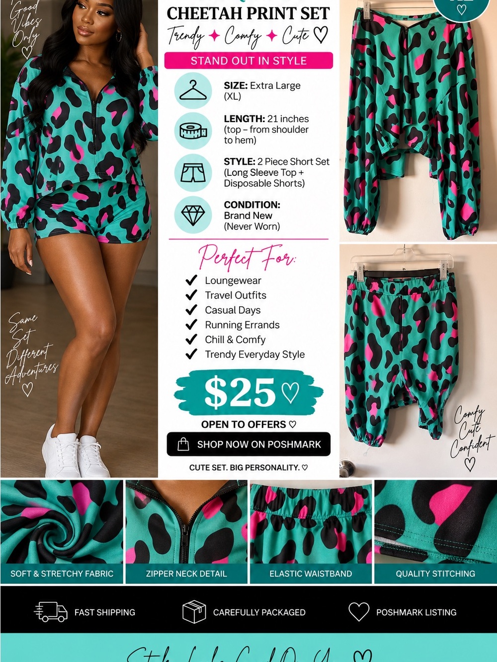 Cheetah Print Two-Piece Shorts Set - Teal & Pink